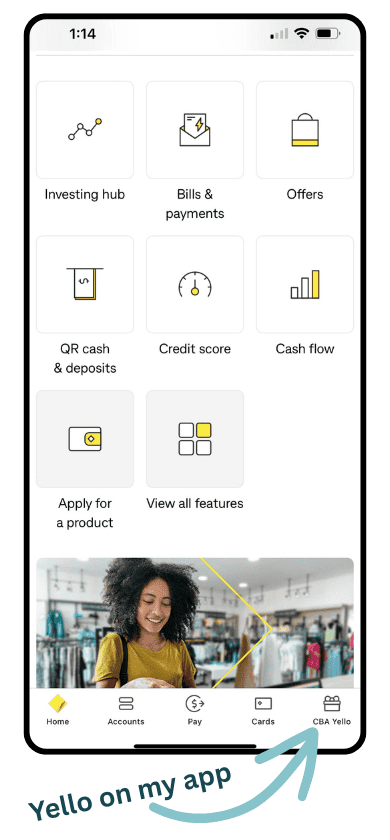 Screenshot of CBA App with Commbank Yello option